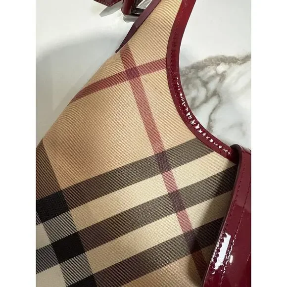 Burberry Nova Check Hobo Bag with Red Patent Trim Shoulder Bags